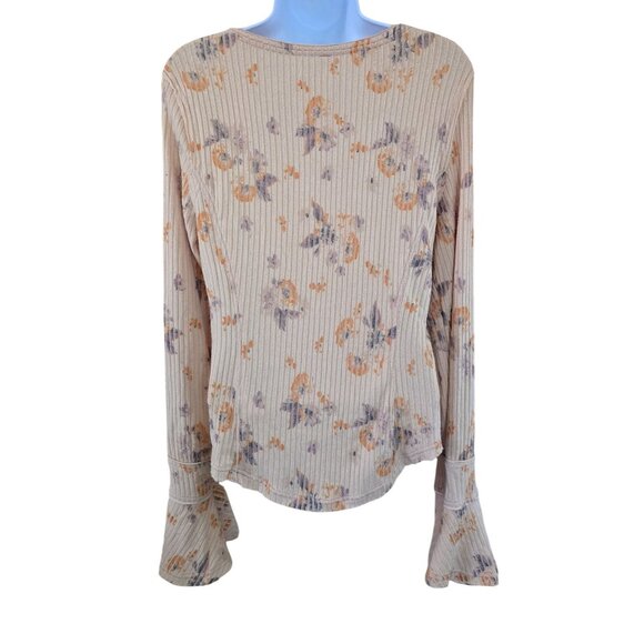 Free People XL Long Sleeve Ribbed Henley Top With Flared Cuffs Beige/Orange/Purp - Picture 5 of 8